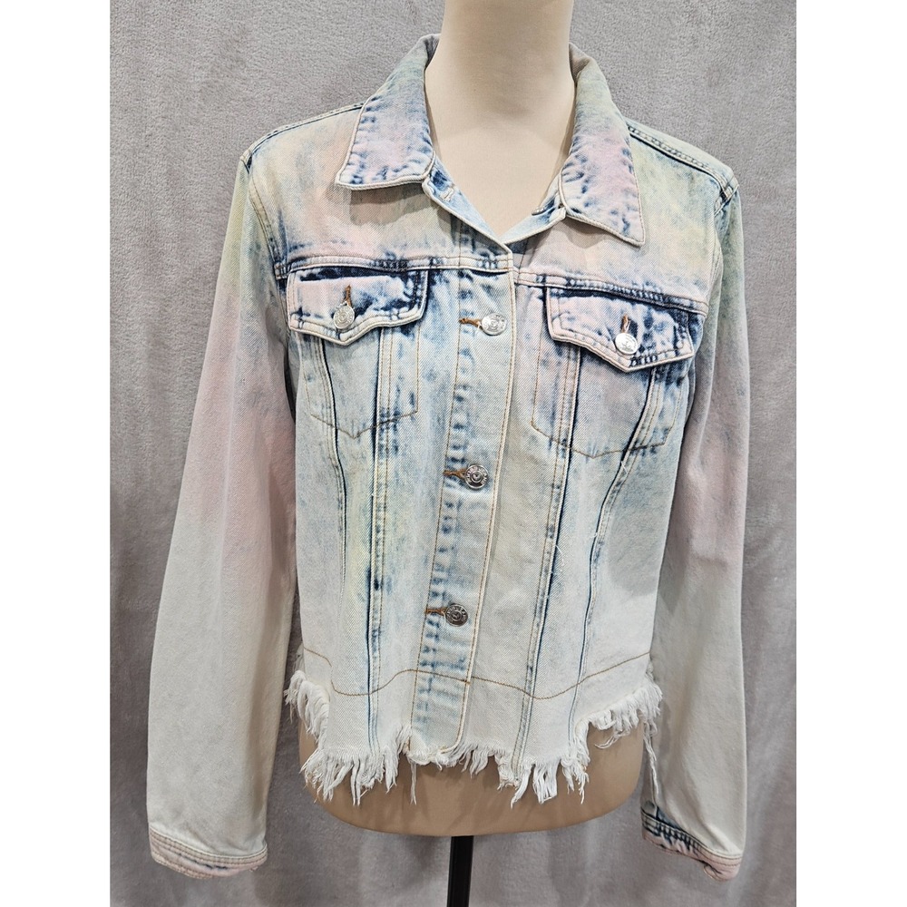 Vigoss NWOT Pastel Acid Wash Tie Dye Cropped Denim Fringe Festival Jacket L 14